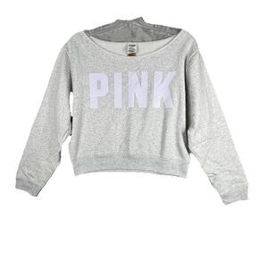 Victorias Secret PINK Shirt‎ Womens Large Gray White Fleece Cropped Sweatshirt